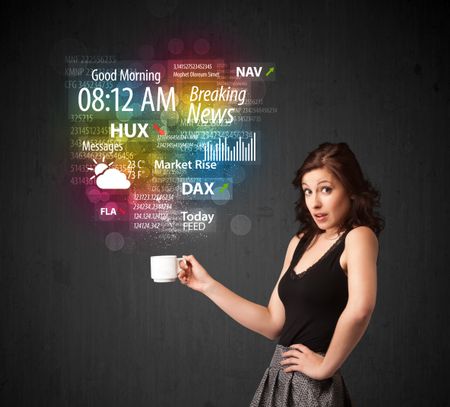 Businesswoman standing and holding a white cup with daily news and information coming out of the cup