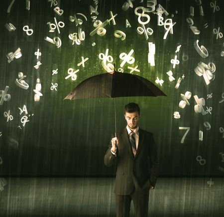 Businessman standing with umbrella and 3d numbers raining concept on background