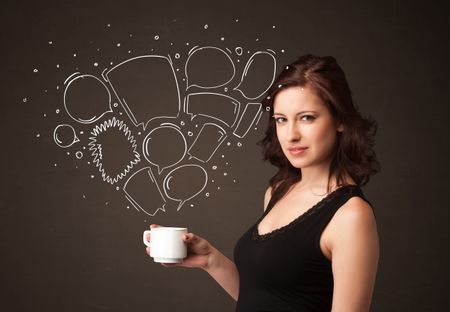 Businesswoman standing and holding a white cup with drawn speech bubbles coming out of the cup