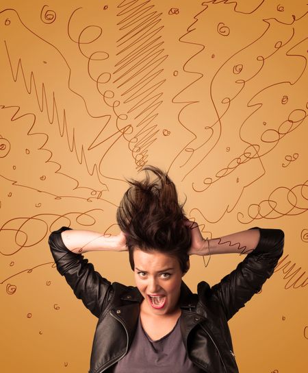 Excited young woman with extreme hairtsyle and hand drawn lines concept on background