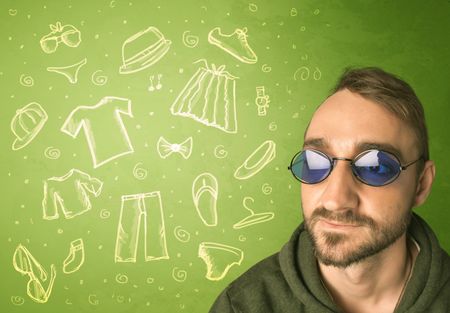 happy-young-man-glasses-casual-clothes-344847278 Happy young man with glasses and casual clothes icons concept on green background