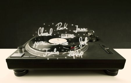 Turntable with vinyl and music genres writen concept on background