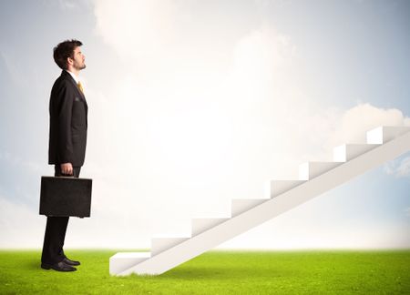 Business person climbing up on white staircase in nature background concept