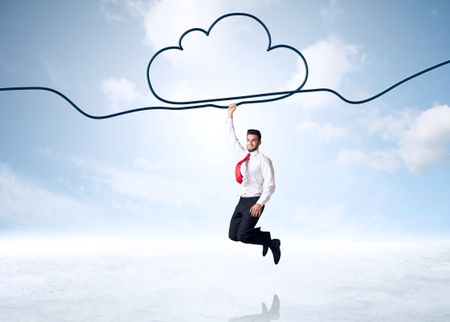 Businessman hanging on a cloud rope
