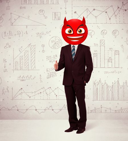 Funny businessman wears devil smiley face