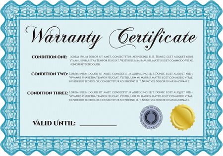 Sample Warranty certificate template. Very Customizable. With sample text. Complex frame.