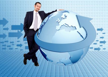 Cheerful business man leaning on a globe