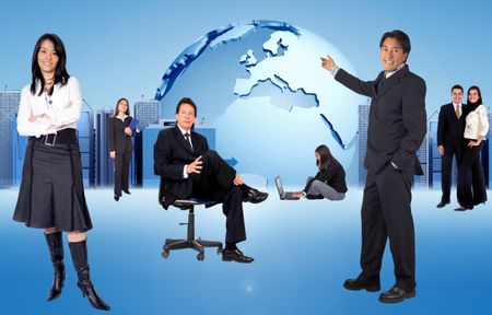 Business people with a globe behind them
