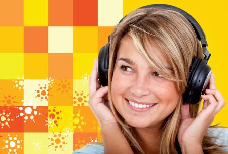 Girl with headphones listening to music over a yellow background