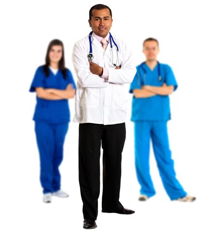 doctor leading a group isolated over white background