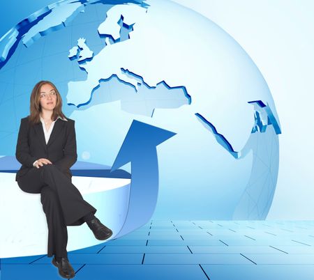 Business woman siting in front of a globe