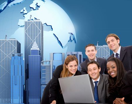 Worldwide business team on a laptop with an urban background