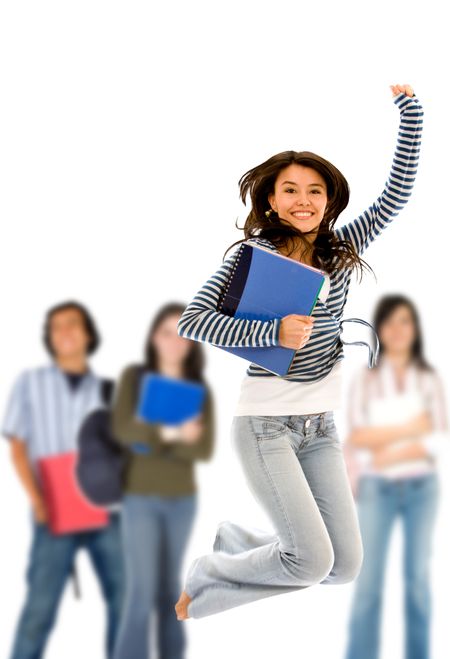 beautiful college student jumping with people behind, isolated