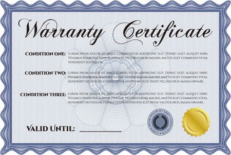 Sample Warranty certificate template. Perfect style. Complex frame. With sample text. 