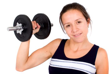 girl lifting freeweights - isolated over a white background