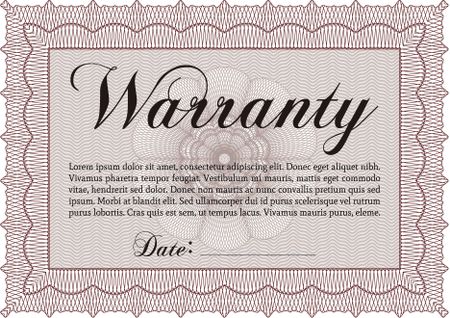 Sample Warranty certificate. Retro design. With background. Complex border design. 
