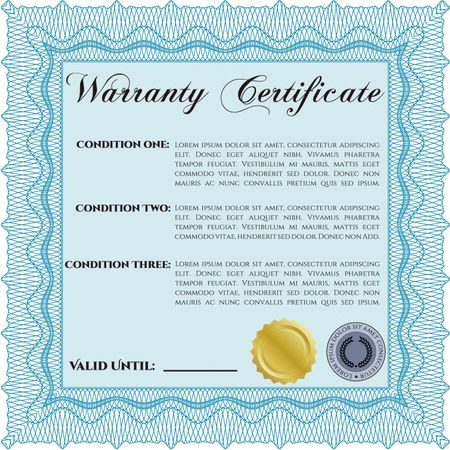 Sample Warranty certificate. Easy to print. Vector illustration. Complex frame. 