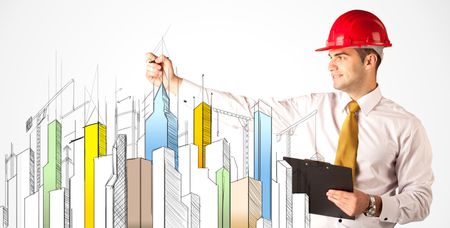 A young construction site worker in a red safety helmet happily sketching a colorful city sight, drawing lines, arrows, angles, cranes buildings with a pen in his hand