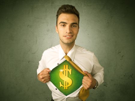 Businessman tearing off his shirt with dollar sign on chest concept on background