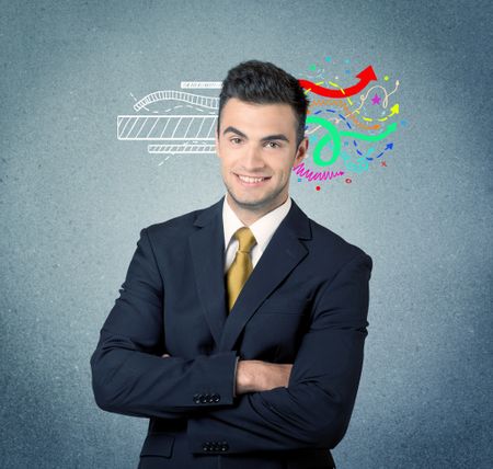 A handsome sales person standing in front of a blue  urban concrete wall with illustration expressing creativity by transforming white lines to colorful arrows cocncept