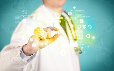 A doctor in white coat with a stethoscope on one shoulder holding a pill with green glowing graphs, lines, numbers, charts, between his fingers