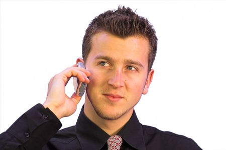 business man on the phone with a happy face