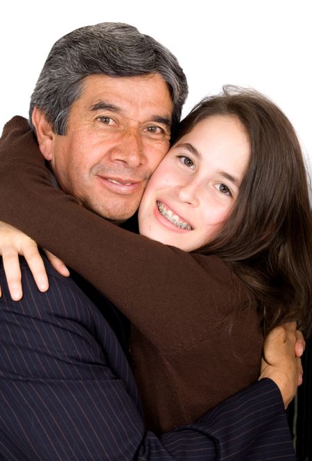 father and daughter looking very happy - over a white background