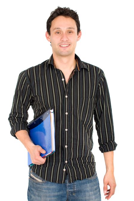 casual student with a notebook on white