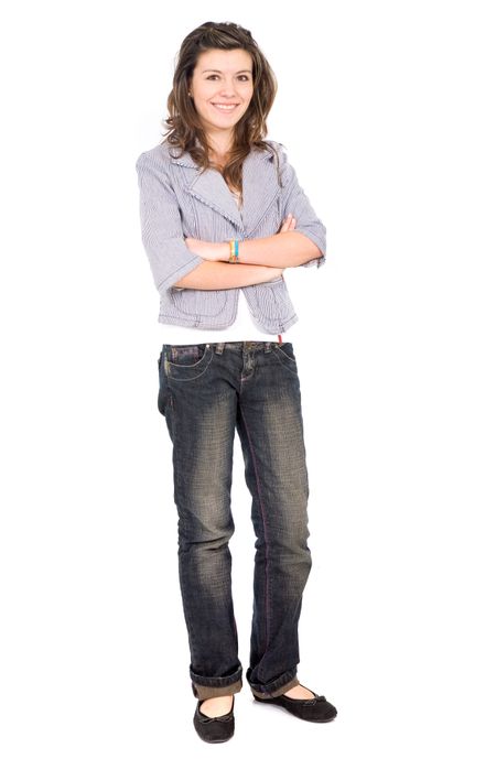 beautiful teenage girl standing - isolated over a white background