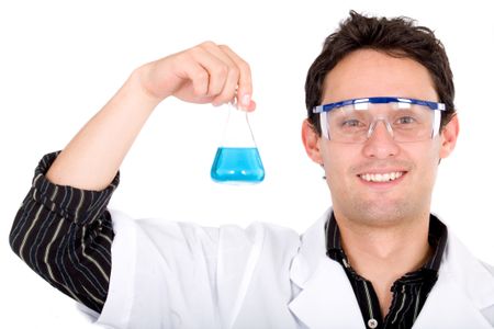 male chemistry student smiling with a blue liquid test tube - isolated over a white background
