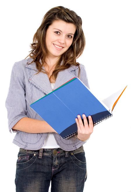 university student holding a blue notebook - isolated over a white background
