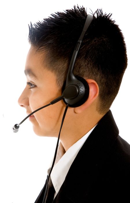 customer service boy from the side with headset - isolated over a white background