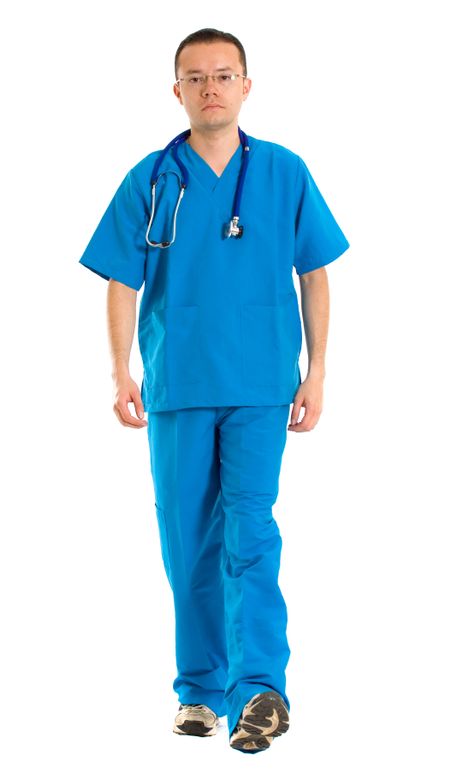 Male student nurse in blue - isolated over a white background