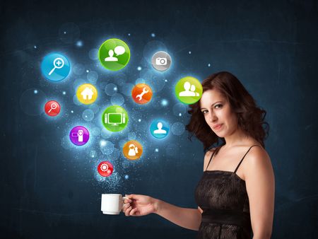 Businesswoman standing and holding a white cup with colorful setting icons coming out of the cup