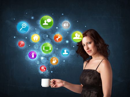 businesswoman-standing-holding-white-cup-colorful-350945195 Businesswoman standing and holding a white cup with colorful setting icons coming out of the cup