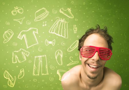 Happy young man with glasses and casual clothes icons concept on green background