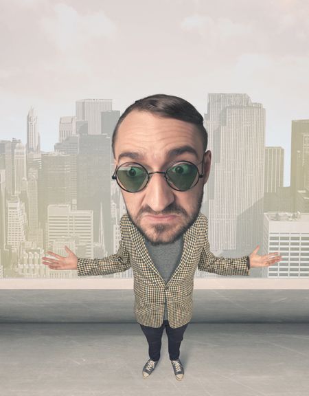 Funny guy with big head, cityscape background