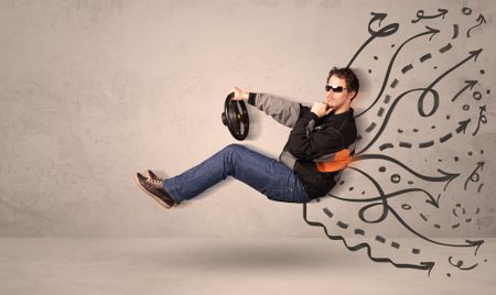 Funny man driving a flying vehicle with hand drawn lines after him concept