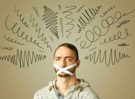 Young man with taped mouth and curly lines around his head  