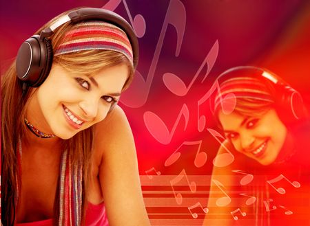 Woman with headphones listening to music and a colorful background