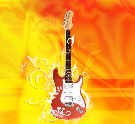 red electric guitar over flames in yellow and orange