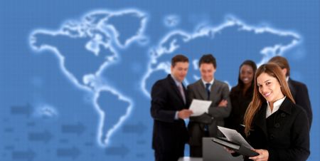 Business team working worldwide in front of a map