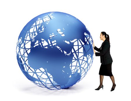 Business woman pushing a blue globe isolated