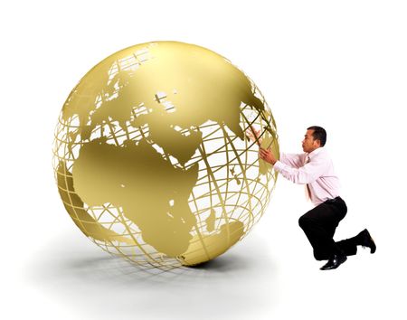 Business man holding a globe isolated over white
