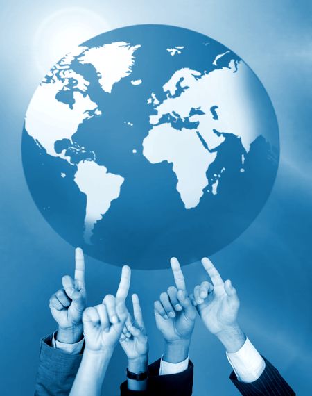 business hands holding a globe in blue shade