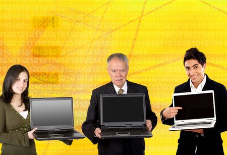 Corporate group of people with laptop computers over yellow