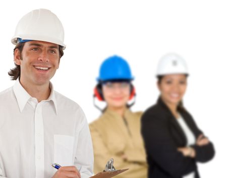 Civil engineer smiling with a group behind him isolated