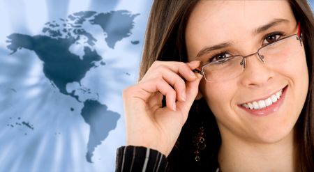 Business woman portrait with the worldmap in the background