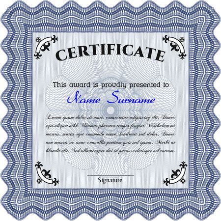 Certificate template or diploma template. Cordial design. Border, frame.With linear background. 