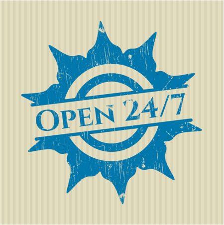 Open 24/7 rubber stamp with grunge texture